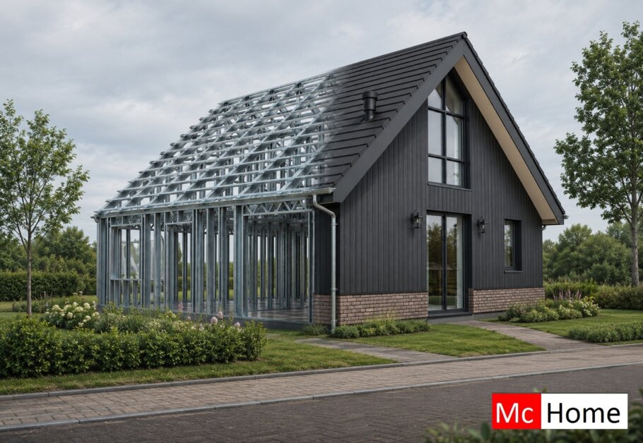 het plaatje toont een woning of gebouw met de staalframebouw constructie deels zichtbaar