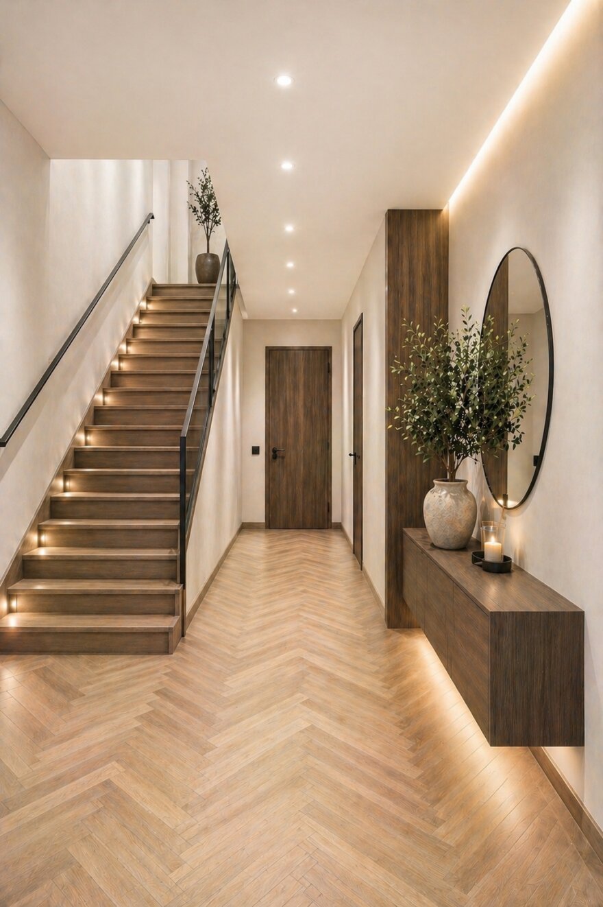 Moderne schuurwoning met kap in staalframebouw met witte gevels, donkere dakbedekking, grote raampartijen en overdekt terras in een groene tuinomgeving.