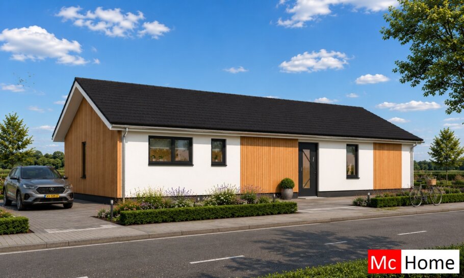Onderhoudsarme gelijkvloerse bungalow met licht hellend dak en moderne houten gevelbekleding