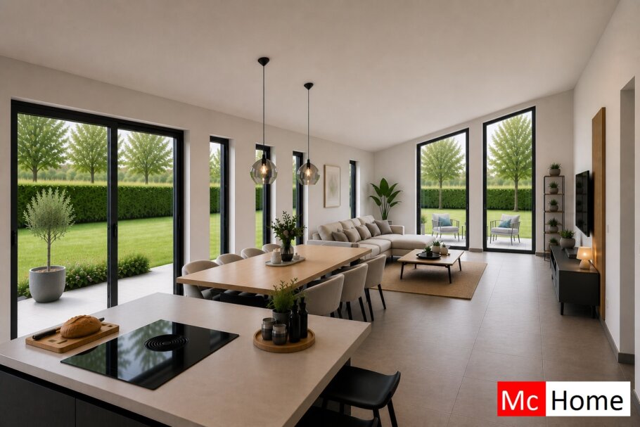 Onderhoudsarme gelijkvloerse bungalow met licht hellend dak en moderne houten gevelbekleding
