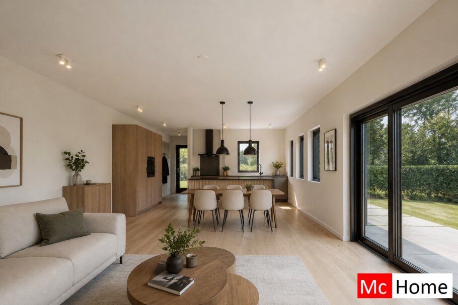 Onderhoudsarme gelijkvloerse bungalow met licht hellend dak en moderne houten gevelbekleding