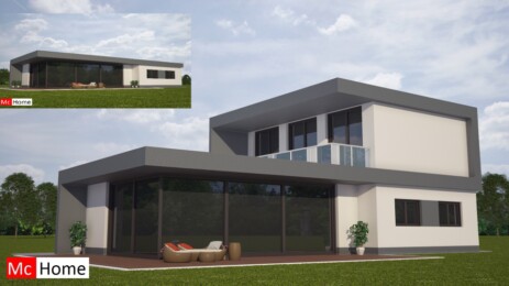 Mc-Home.nl M 77 moderne woning gelijkvloers bungalow met verdieping en terras levensloopbestenidig aardbevingproof staalframebouw