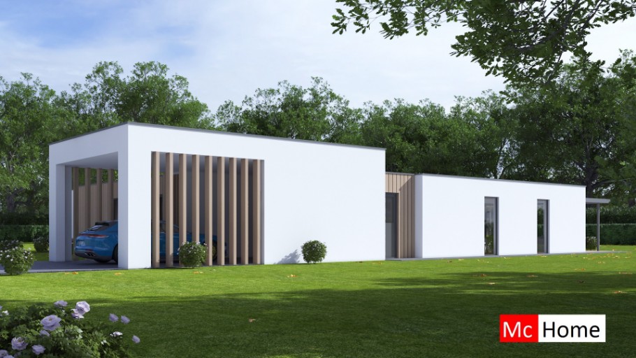 McHome B168 gelijkvloerse woining met overdekt terras en carport  staalframebouw nederland 
