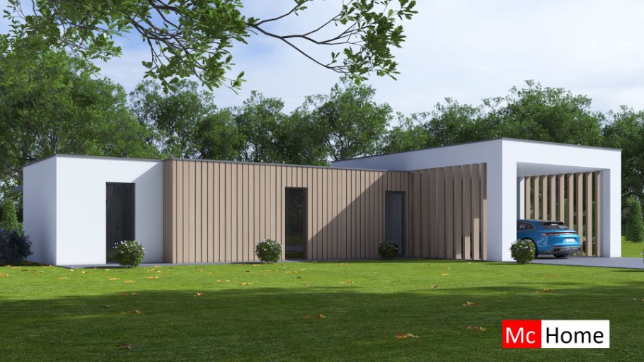 McHome B168 gelijkvloerse woining met overdekt terras en carport  staalframebouw nederland 
