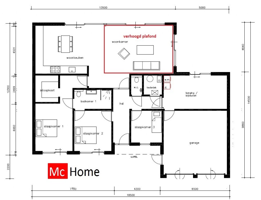 McHome B170 levensloop woning woonkamer verhoogd plafond Staalframebouw Nederland 