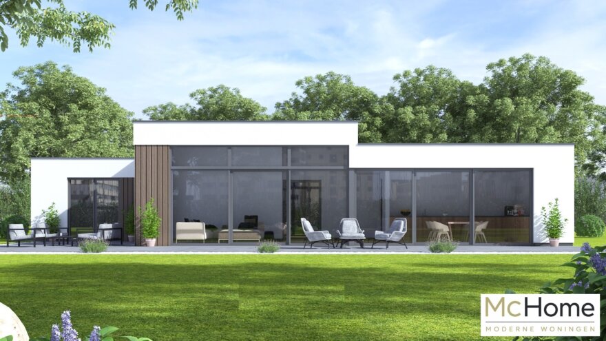 McHOME B-170 moderne bungalow met verhoogde woonkamer, hoog plafond en dubbele garage