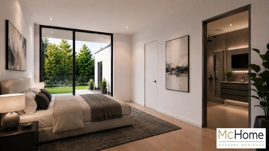 Moderne levensloopbestendige bungalow ontwerp B-27 met grote ramen, veel glas en strak kubistisch ontwerp van McHome