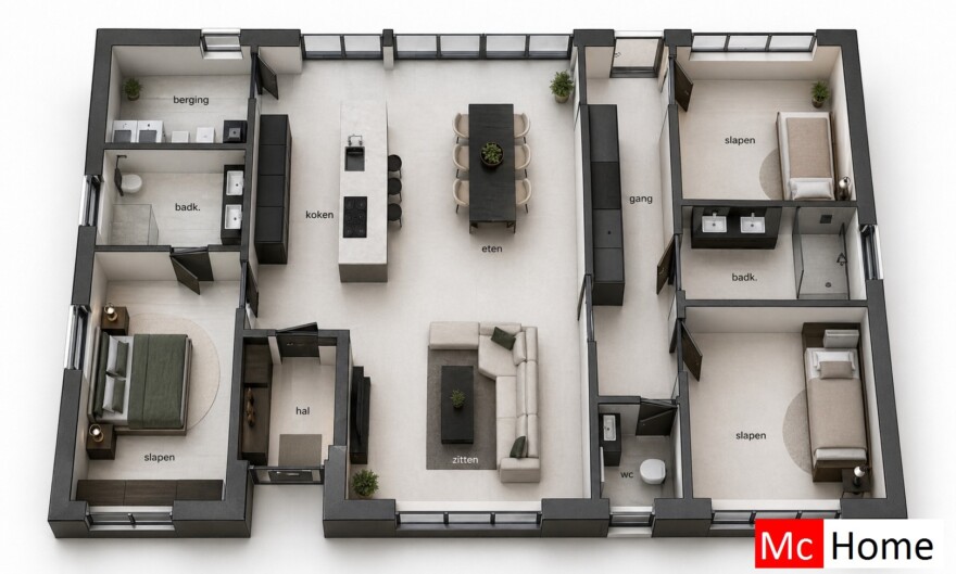 McHome B 198 bungalow plat dak type met 3 slaapkamers staalframebouw Nederland