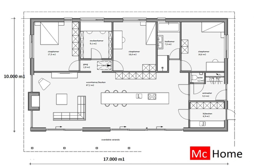 Mc-Home B136 v1 semi bungalow met kap hellend dak  staalframebouw
