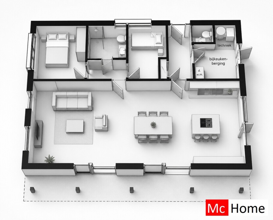 Mc-Home B136 v1 semi bungalow met kap hellend dak  staalframebouw