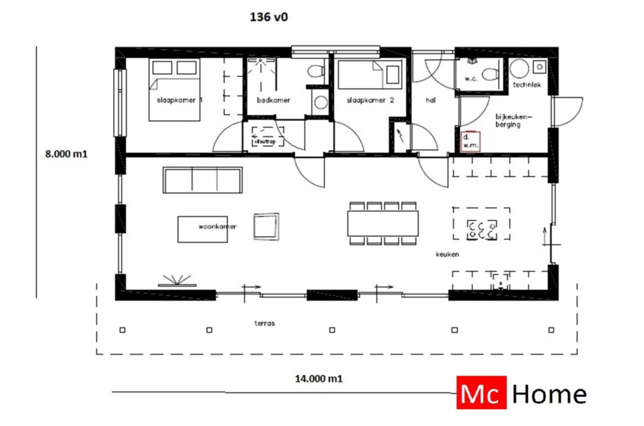 Mc-Home B136 v1 semi bungalow met kap hellend dak  staalframebouw