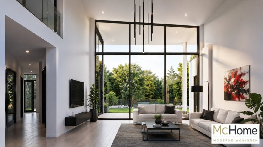 Moderne levensloopbestendige bungalow ontwerp B-27 met grote ramen, veel glas en strak kubistisch ontwerp van McHome