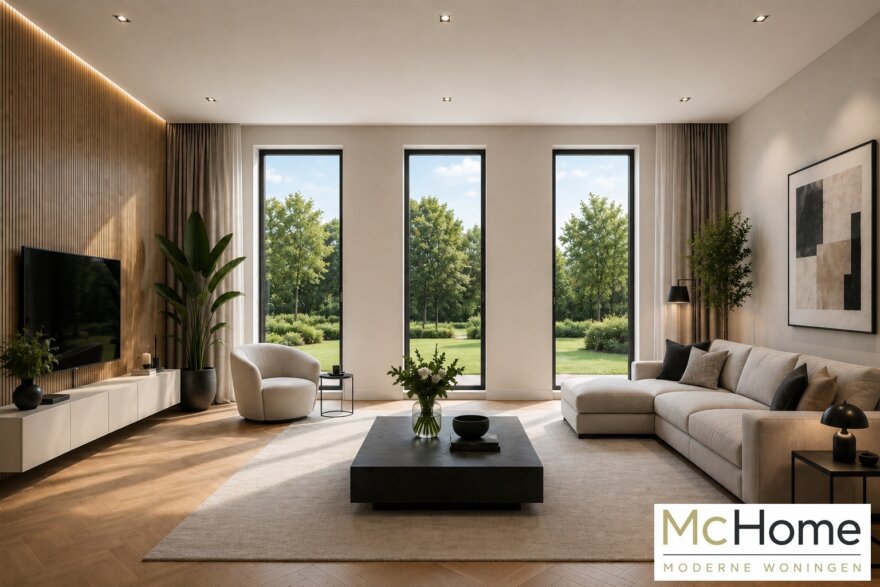 Modern interieur van de levensloopbestendige kubistische woning M-397 van MC HOME