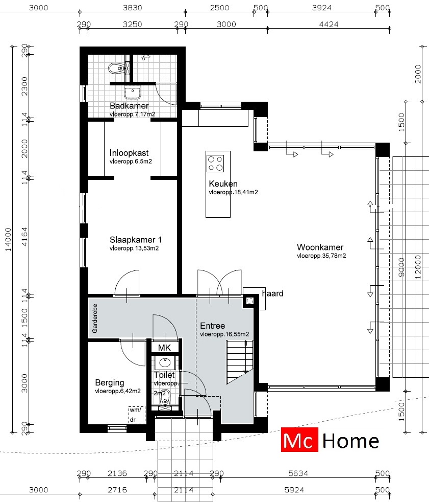 Moderne kubistische gelijksvloerse woning of bungalow met verdieping   bouwen slaapkamer en badkamer beneden B30