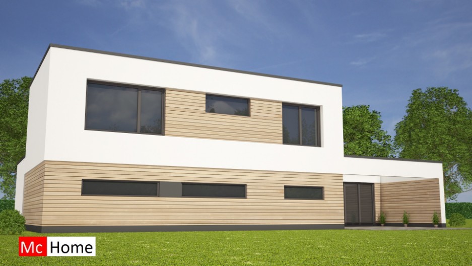 Moderne kubistische villa met garage terras en veel glas energieneutraal bouwen traditioneel of prefab mc-home.nl M122