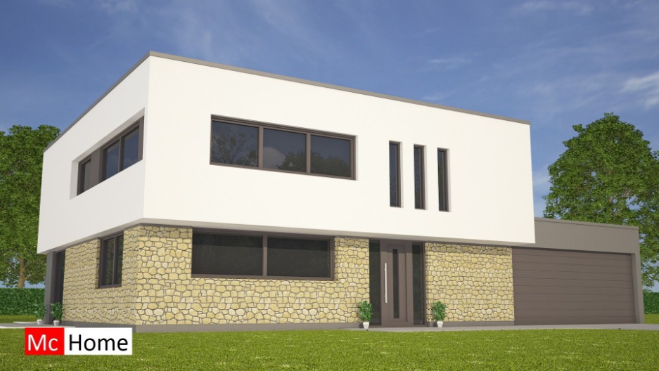 Moderne kubistische woning M112 vide overstekende verdieping veel glas natuursteen gevel
