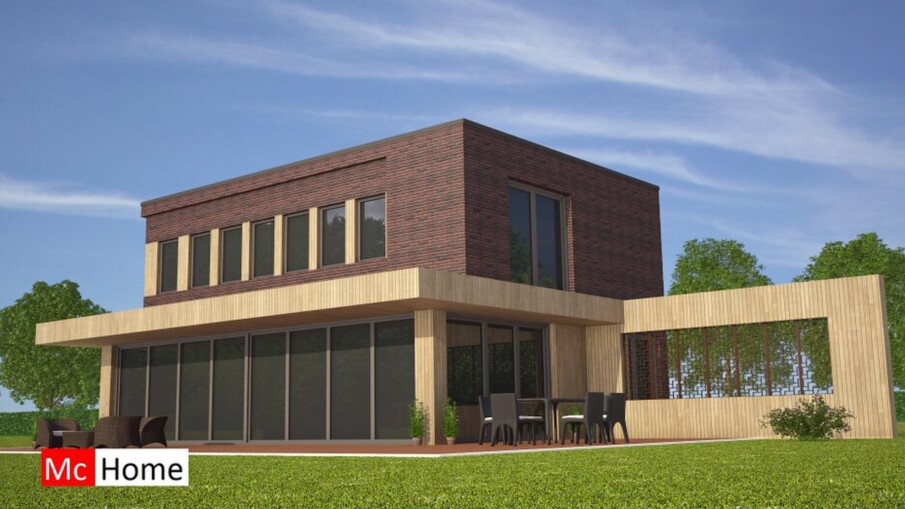 Moderne woning met steen en hout veel glas en overkappingen terrassen en schaduw M109 Mc-home  