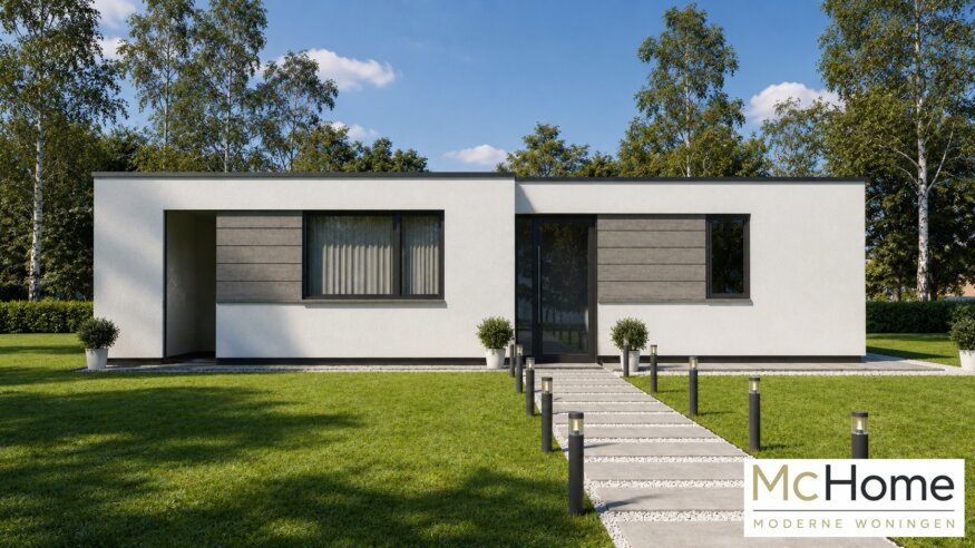 Moderne levensloopbestendige bungalow B154 met plat dak en prefab staalframebouw constructie