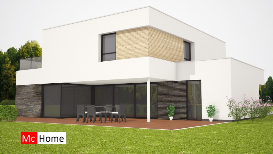 Moderne villa ontwerp en bouwen  met stuukwerk en natuursteen staalframe casco M217 Mc-Home 