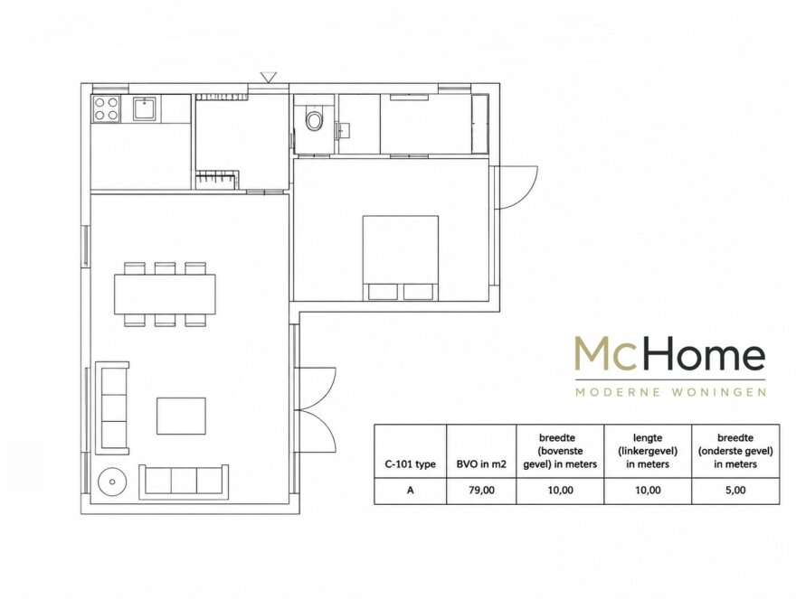 Plattegronden modulaire bungalow Serie C-101 met verschillende woonoppervlakten en indelingen