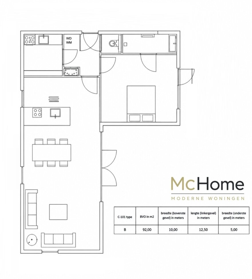 Plattegronden modulaire bungalow Serie C-101 met verschillende woonoppervlakten en indelingen