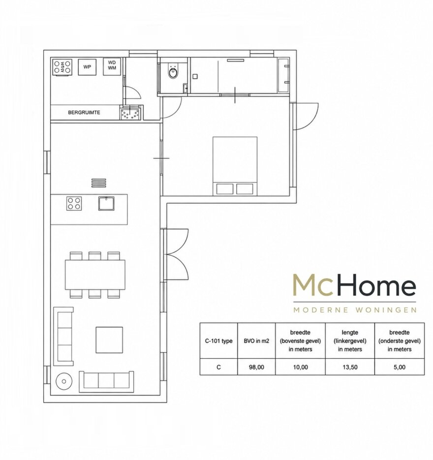 Plattegronden modulaire bungalow Serie C-101 met verschillende woonoppervlakten en indelingen