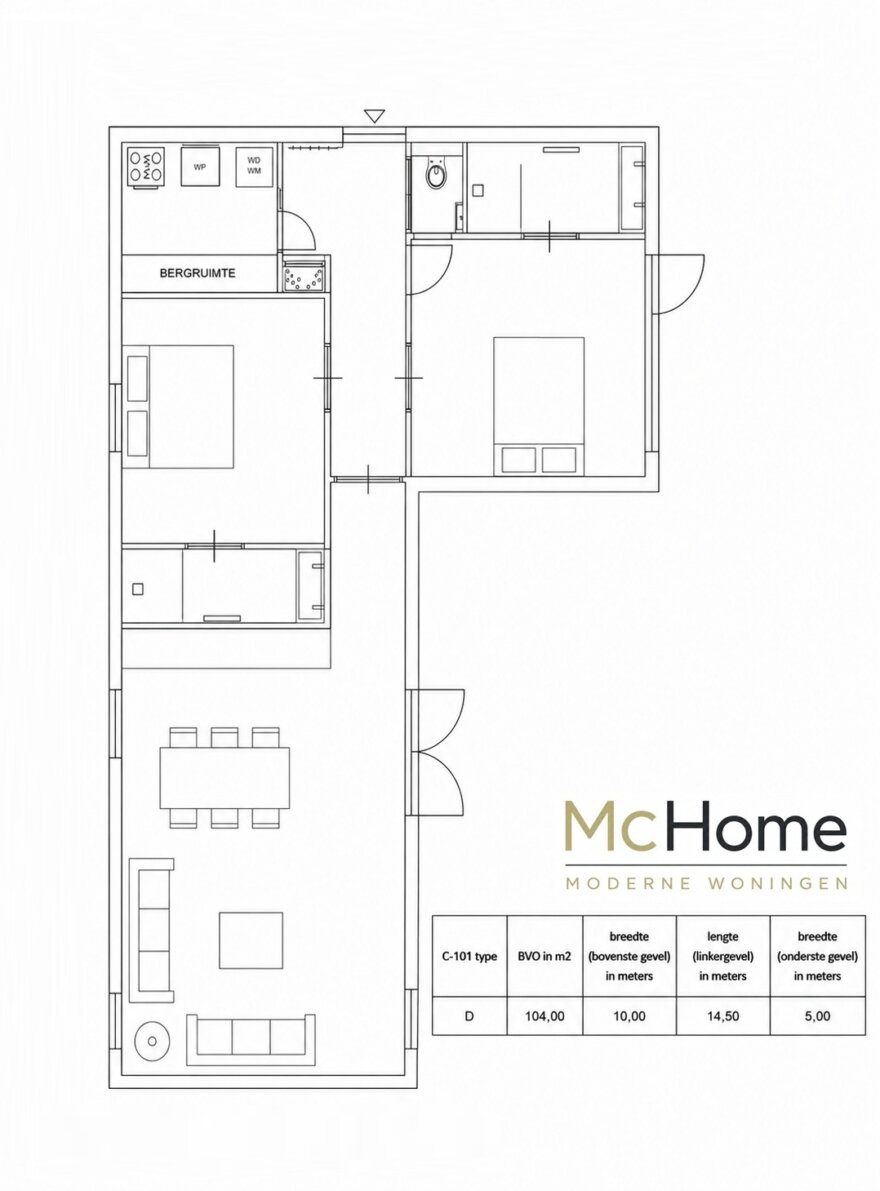Plattegronden modulaire bungalow Serie C-101 met verschillende woonoppervlakten en indelingen