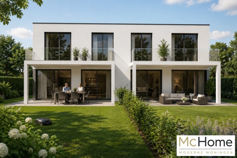 Moderne kubistische twee-onder-een-kap woning energieneutraal met plat dak en veel glas en lichtinval TK33