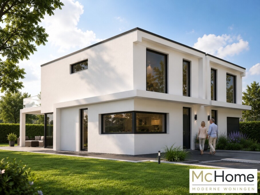 Moderne kubistische twee-onder-een-kap woning energieneutraal met plat dak en veel glas en lichtinval TK33