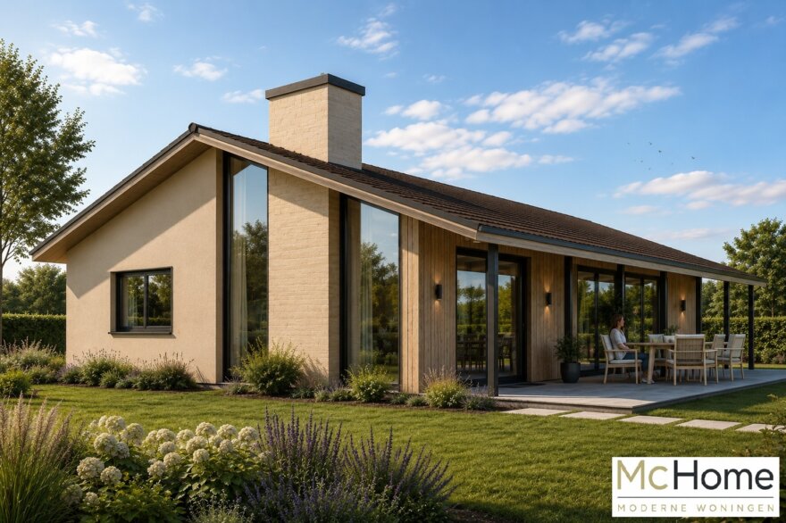 Moderne levensloopbestendige bungalow B-136 met strakke architectuur, grote raampartijen en energiezuinige staalframebouw uitvoering van MC-Home