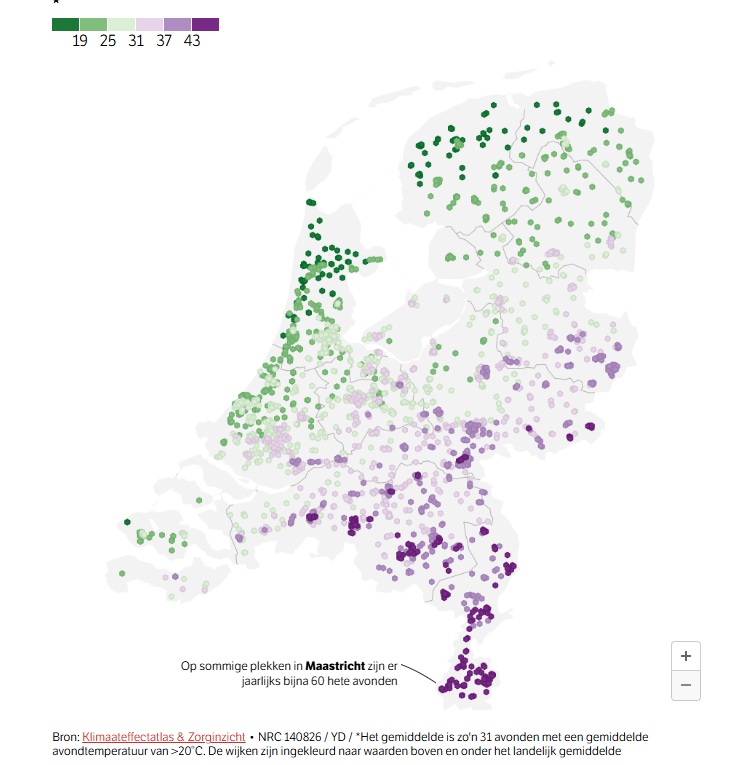 kaart van regio's in Nederland met de meeste hittedagen en nachten
