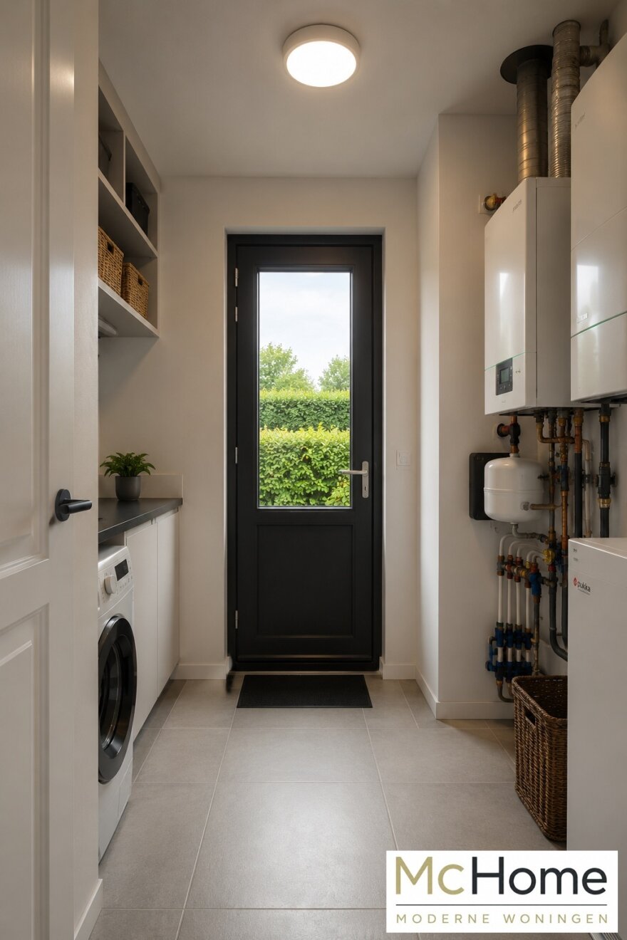 •	Moderne interieurbeelden van bungalow B-60 met luxe woonkamer, leefkeuken, badkamer en slaapkamer