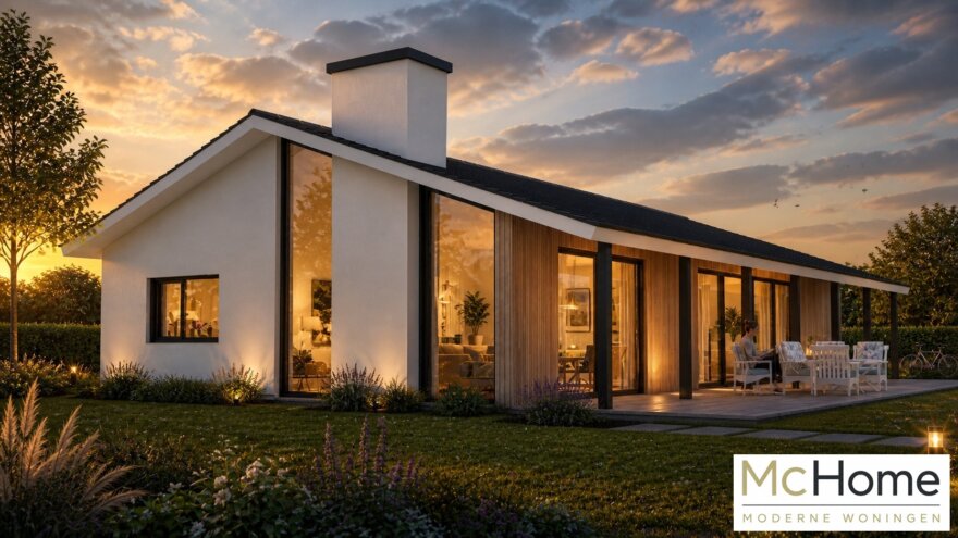 Moderne levensloopbestendige bungalow B-136 met strakke architectuur, grote raampartijen en energiezuinige staalframebouw uitvoering van MC-Home
