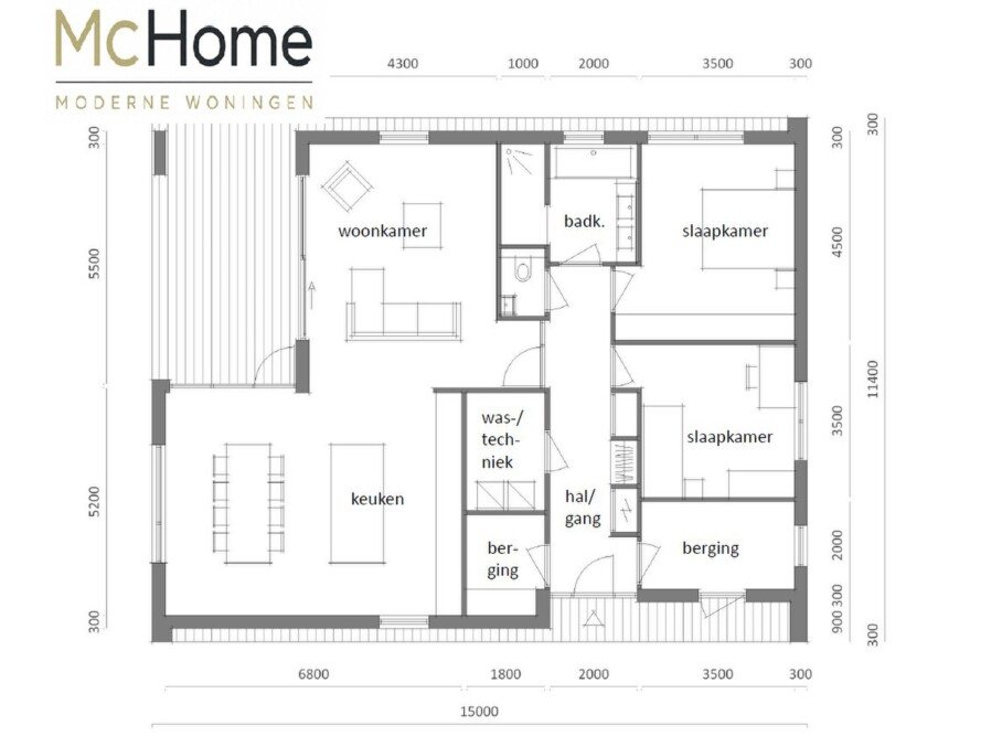 Plattegrond van een moderne gelijkvloerse bungalow met woonkamer, keuken, 2 slaapkamers en badkamer