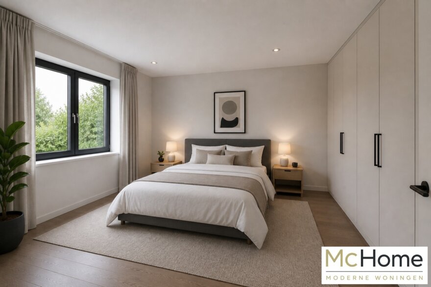 Modern interieur van gelijkvloerse woning B-201 met leefkeuken en grote glaspartijen