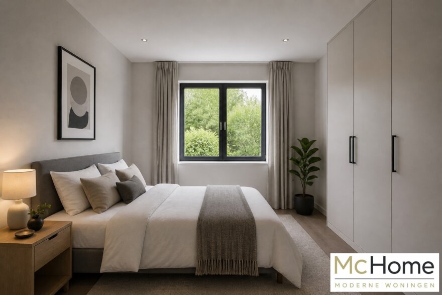 Modern interieur van gelijkvloerse woning B-201 met leefkeuken en grote glaspartijen