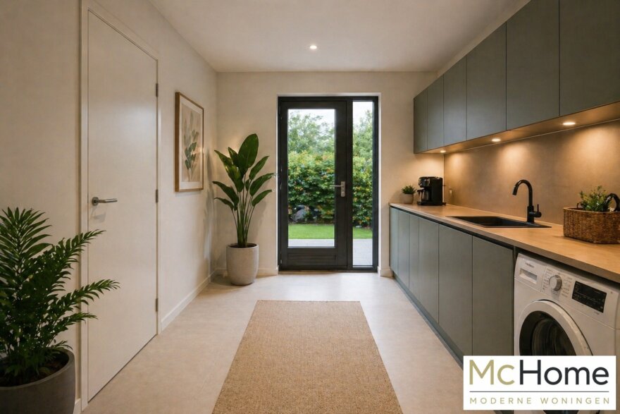 Modern interieur van gelijkvloerse woning B-201 met leefkeuken en grote glaspartijen