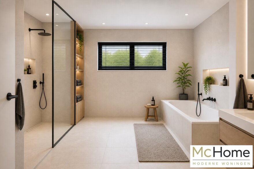 Modern interieur van gelijkvloerse woning B-201 met leefkeuken en grote glaspartijen