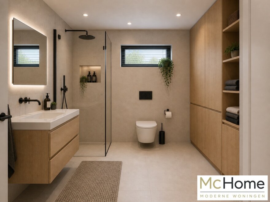 Modern interieur van gelijkvloerse woning B-201 met leefkeuken en grote glaspartijen