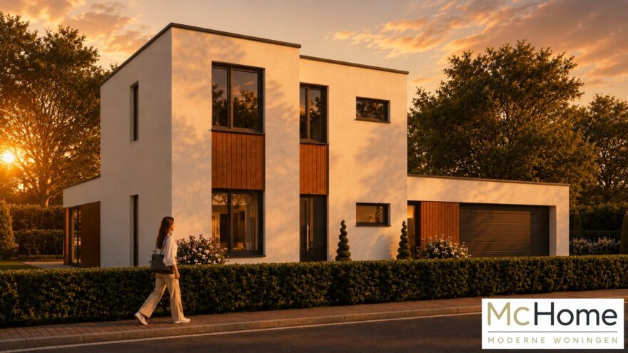 Moderne kubistische woning M-391 met plat dak, dubbele garage en grote glaspartijen