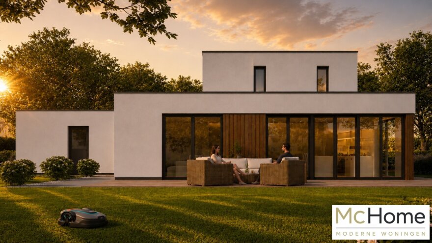 Moderne kubistische woning M-391 met plat dak, dubbele garage en grote glaspartijen