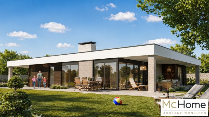 Moderne gelijkvloerse bungalow B-82 met plat dak, terras, carport en garage