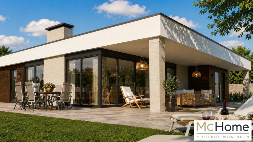 Moderne gelijkvloerse bungalow B-82 met plat dak, terras, carport en garage