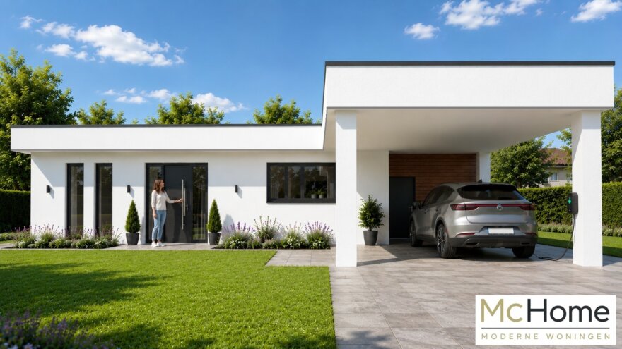 Moderne gelijkvloerse bungalow B-82 met plat dak, terras, carport en garage