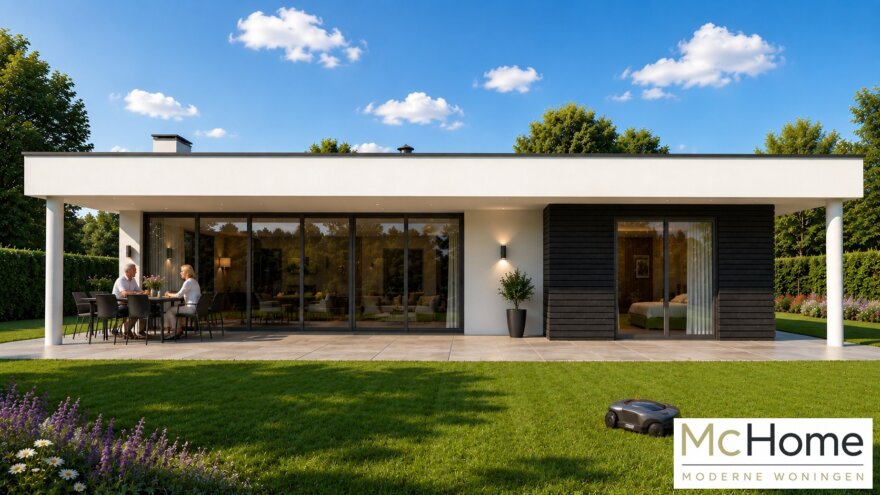 Moderne gelijkvloerse bungalow B-82 met plat dak, terras, carport en garage