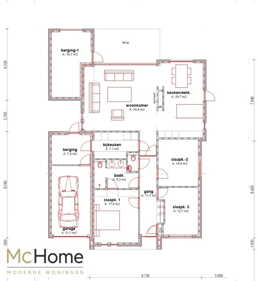 Moderne levensloopbestendige bungalow ontwerp B27 met grote glaspartijen, moderne architectuur en staalframebouw van Mc-Home