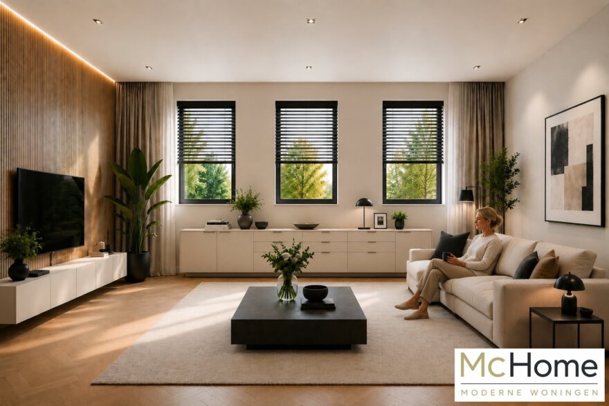 •	Moderne interieurbeelden van bungalow B-60 met luxe woonkamer, leefkeuken, badkamer en slaapkamer