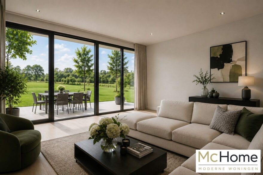 •	Moderne interieurbeelden van bungalow B-60 met luxe woonkamer, leefkeuken, badkamer en slaapkamer