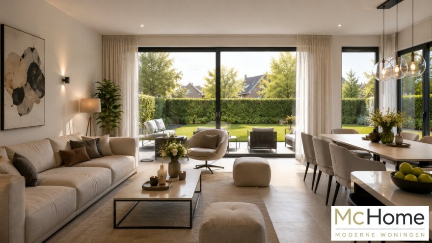 Modern interieur van kubistische woning M-387 met luxe woonkamer, leefkeuken, slaapkamer en badkamer