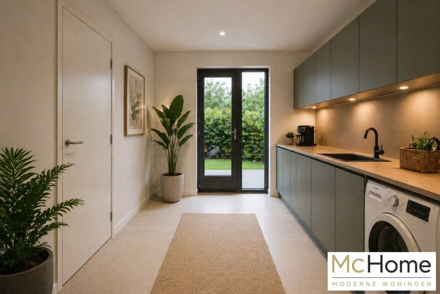 Modern interieur van de levensloopbestendige kubistische woning M-397 van MC HOME